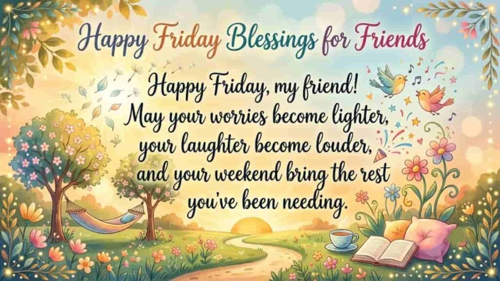 Happy Friday Blessings for Friends greeting card with a bright peaceful landscape, flowers, a cozy hammock, and an inspiring weekend message.