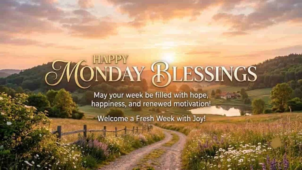 Happy Monday Blessings graphic featuring a scenic morning landscape with a winding dirt road through lush green fields and flowers, warm sunlight pouring over rolling hills, and uplifting typography reading 'Happy Monday Blessings: May your week be filled with hope, happiness, and renewed motivation!'