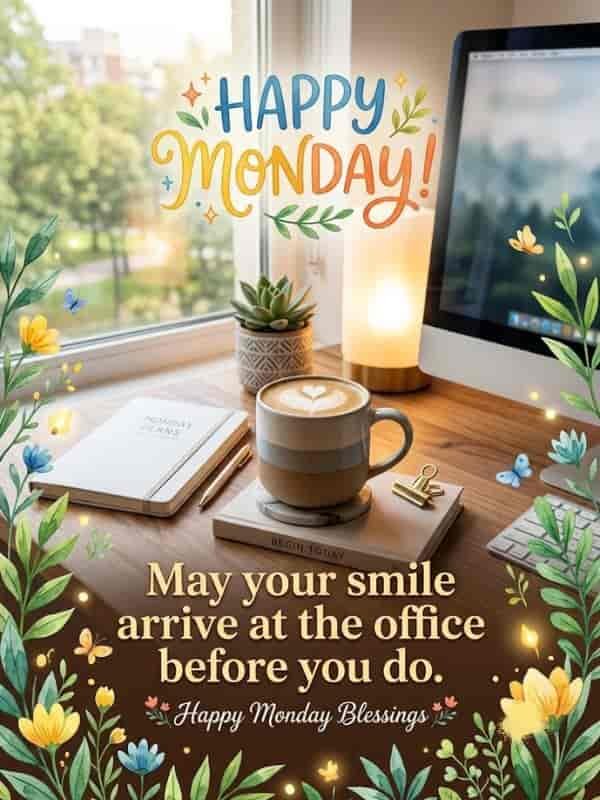 A cozy desktop setup featuring a cup of warm coffee on a notebook next to a computer monitor, framed by decorative botanical leaves and text reading "Happy Monday! May your smile arrive at the office before you do. Happy Monday Blessings".