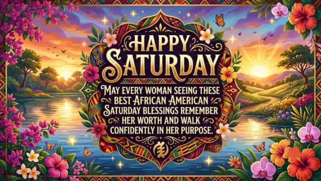 A 16:9 graphic featuring vibrant African geometric patterns, floral borders, and a sunrise background with the text: "Happy Saturday. May every woman seeing these Best African American Saturday Blessings remember her worth and walk confidently in her purpose."