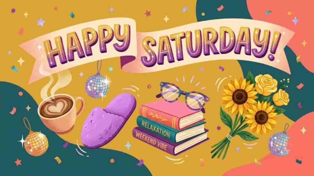 Happy Saturday" banner surrounded by a hot cup of coffee with heart latte art, cozy purple slipper, stack of books, sunflowers, and sparkling disco balls in a 16:9 vector illustration.