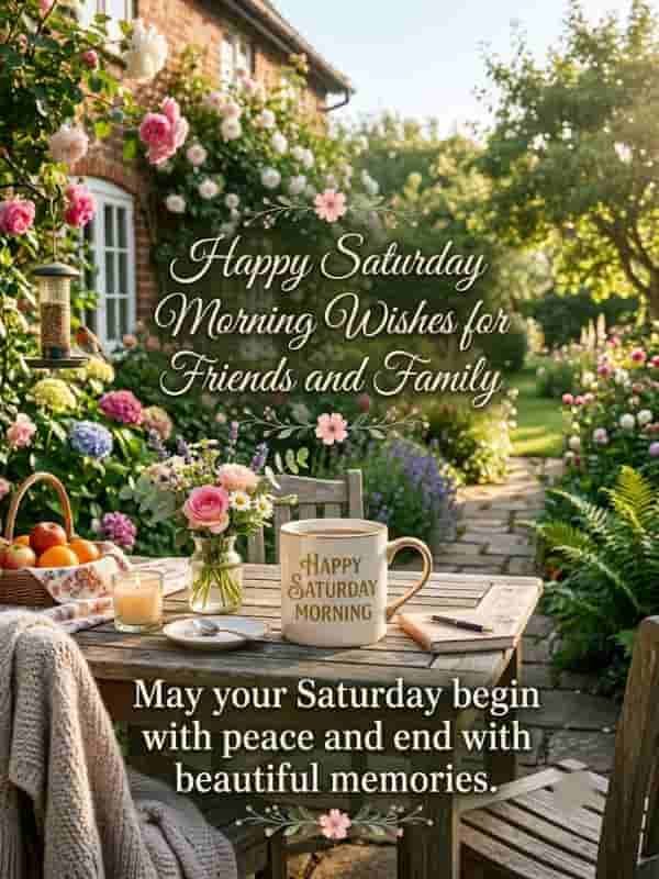 Soft morning light illuminating a cozy rustic patio table set with coffee, fresh flowers, and a fruit basket, featuring the message "Happy Saturday Morning Wishes for Friends and Family" and "May your Saturday begin with peace and end with beautiful memories."