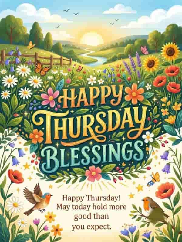 A colorful floral artwork featuring "Happy Thursday Blessings" and "Happy Thursday! May today hold more good than you expect." surrounded by wildflowers, butterflies, birds, and a sunlit meadow.