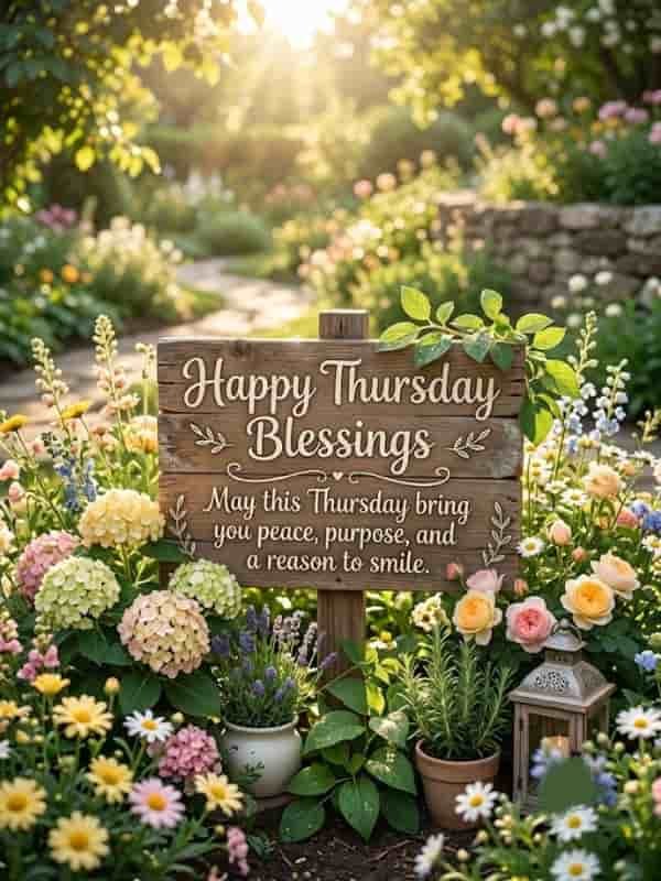Rustic wooden sign in a blooming flower garden with the text "Happy Thursday Blessings: May this Thursday bring you peace, purpose, and a reason to smile" written in elegant script.