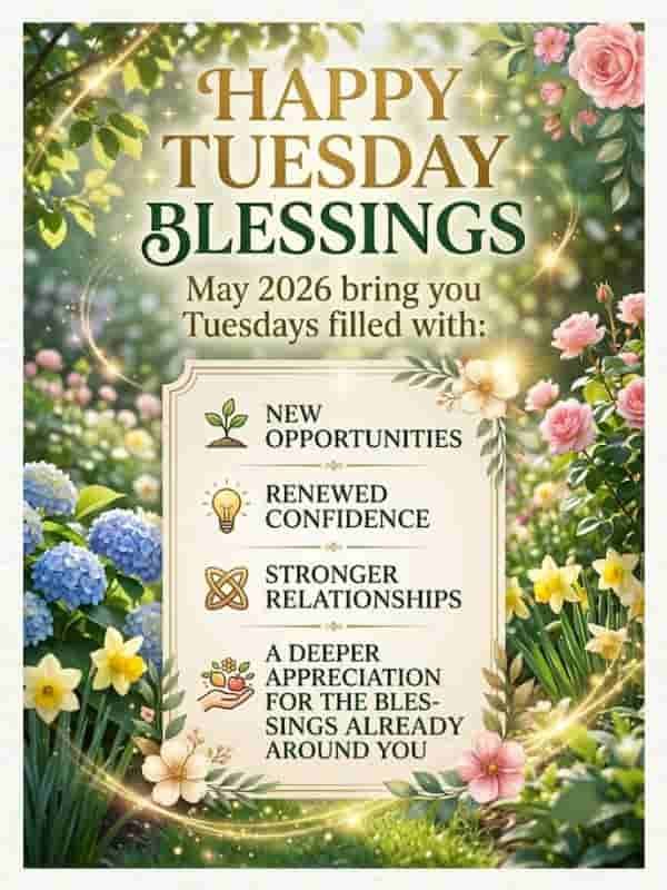Happy Tuesday Blessings 2026 greeting card featuring lush green floral garden, soft golden lighting, and an elegant message card listing new opportunities, renewed confidence, stronger relationships, and deeper appreciation.