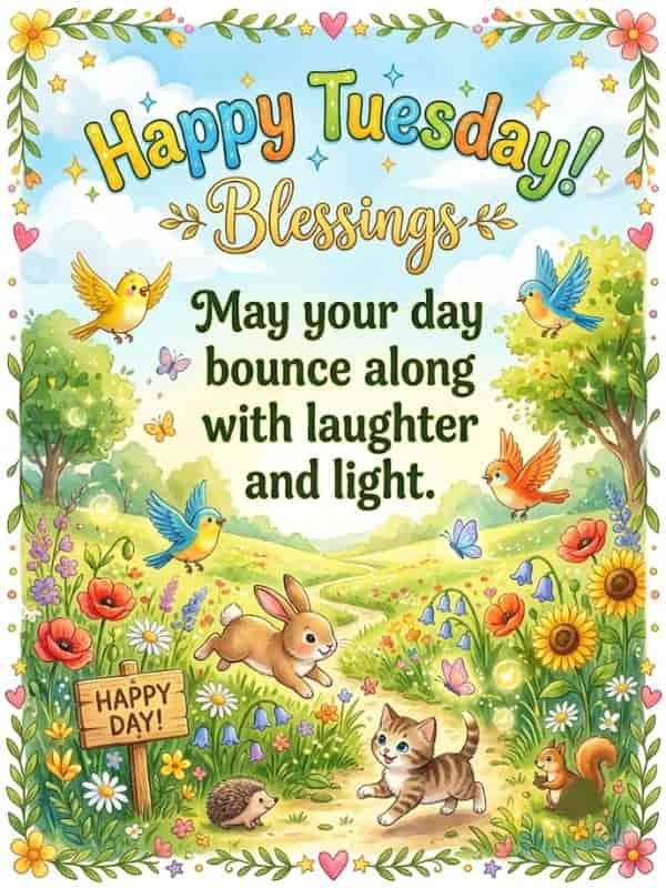 A cheerful watercolor illustration featuring playful woodland animals in a sunny meadow with the text, "Happy Tuesday! Blessings - May your day bounce along with laughter and light."