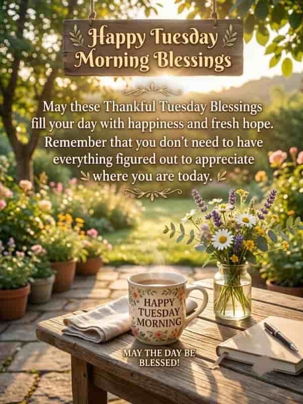 A serene morning garden scene featuring a wooden table with a steaming coffee mug labeled "Happy Tuesday Morning," a vase of colorful wildflowers, and a journal with a pen. Above the table hangs a wooden sign reading "Happy Tuesday Morning Blessings" along with an inspirational message about gratitude and fresh hope.