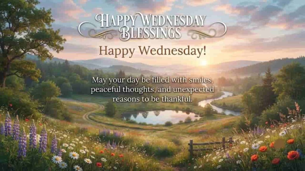 Scenic sunrise over a peaceful valley landscape with wildflowers, a winding river, and the text "Happy Wednesday Blessings - May your day be filled with smiles, peaceful thoughts, and unexpected reasons to be thankful."