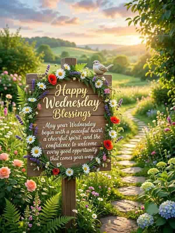 A rustic wooden garden sign framed with vibrant wildflowers and a small songbird perches on top, set along a sunlit stone pathway. The sign reads: "Happy Wednesday Blessings. May your Wednesday begin with a peaceful heart, a cheerful spirit, and the confidence to welcome every good opportunity that comes your way."
