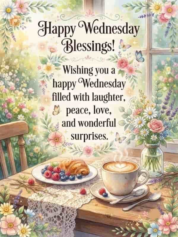 The background features a cozy wooden table next to a window with a vase of flowers, a cup of coffee with latte art, a plate of croissants and berries, and soft floral decorations.