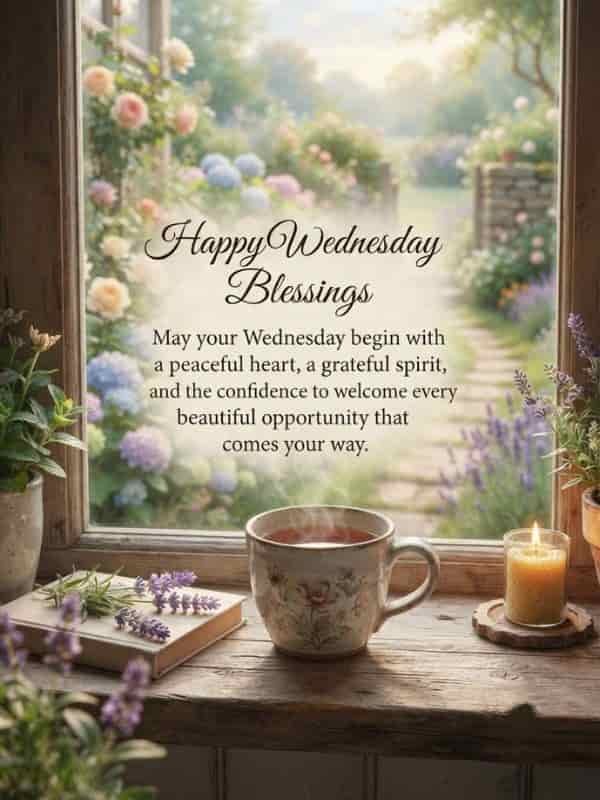 A cozy rustic windowsill with a steaming ceramic mug of tea, a lit candle, a closed book adorned with lavender sprigs, and a scenic view of a blooming garden outside. Overlay text reads 'Happy Wednesday Blessings' followed by an inspirational message.