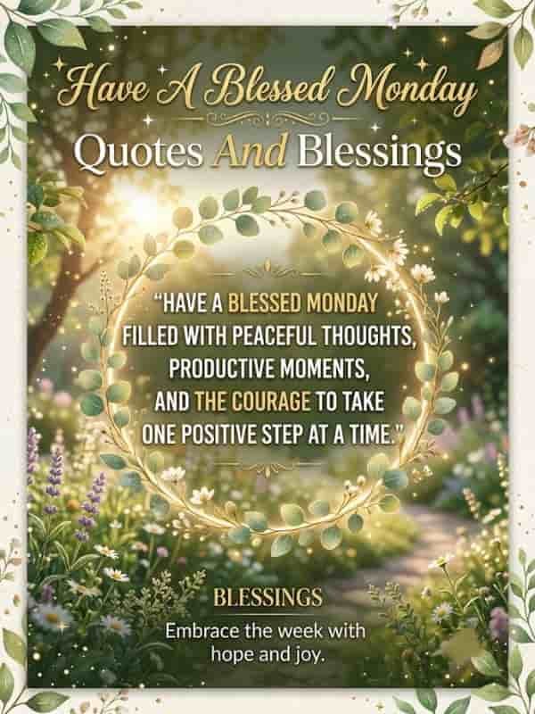 Vertical Monday blessings card featuring the text "Have A Blessed Monday Quotes And Blessings" and "Have a blessed Monday filled with peaceful thoughts, productive moments, and the courage to take one positive step at a time" framed by a glowing leaf wreath in a bright garden.