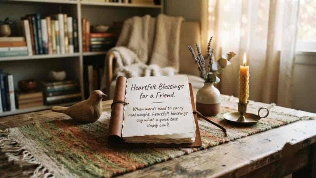 A cozy wooden table featuring an open leather-bound journal displaying the text "Heartfelt Blessings for a Friend. When words need to carry real weight, heartfelt blessings say what a quick text simply can't." The scene is decorated with a lit candle in a brass holder, a small vase with dried lavender, a wooden bird figurine, and bookshelves in the soft-focused background.