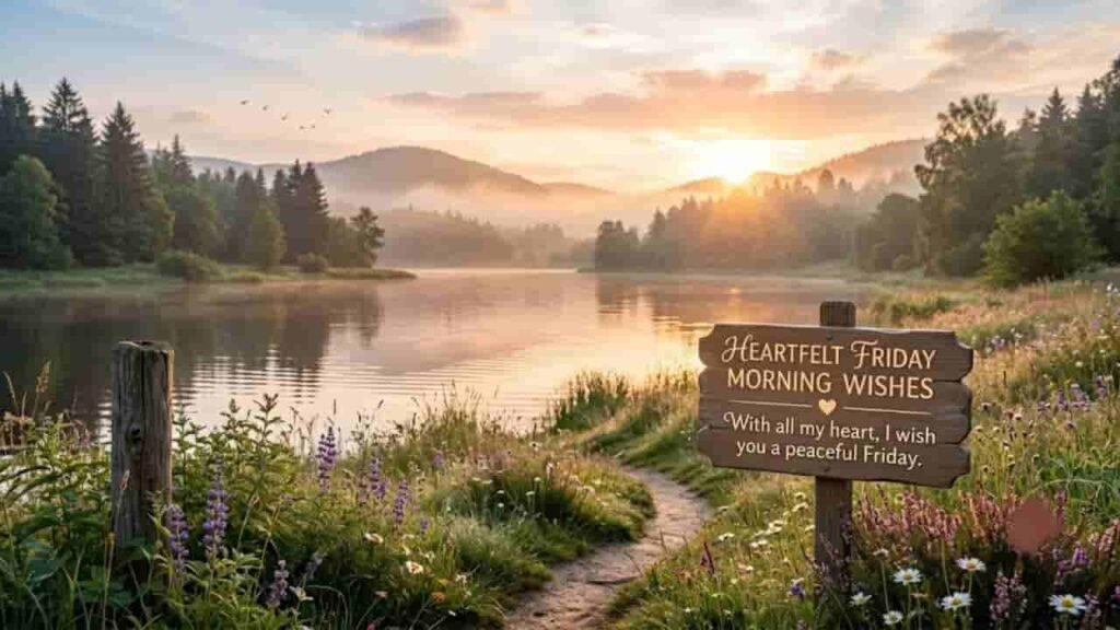 A serene sunrise scene over a calm lake framed by misty hills and lush pine trees, featuring a wooden sign in the foreground reading 'Heartfelt Friday Morning Wishes - With all my heart, I wish you a peaceful Friday'.