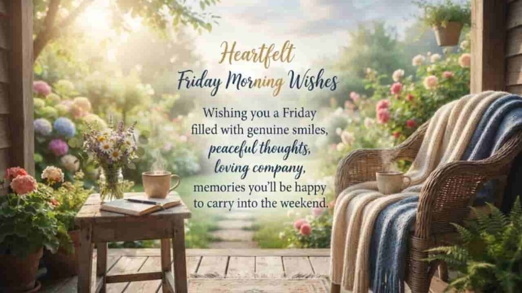A peaceful and cozy porch overlooking a sunny garden with a wicker chair, a blanket, hot coffee, and flowers, featuring the heartfelt Friday morning greeting text.