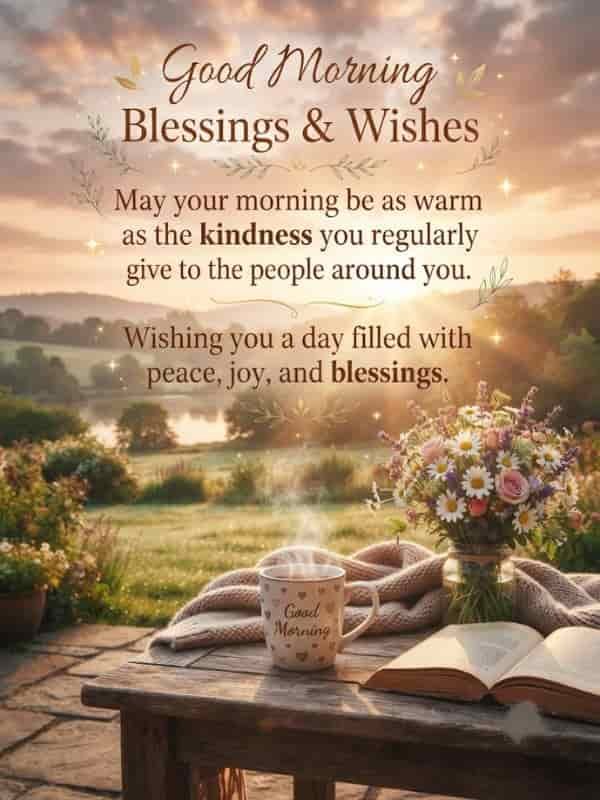 A peaceful morning scene on a wooden table with a steaming coffee cup, an open book, a vase of wildflowers, and a warm sunrise landscape background, featuring the text 'Good Morning Blessings & Wishes'.