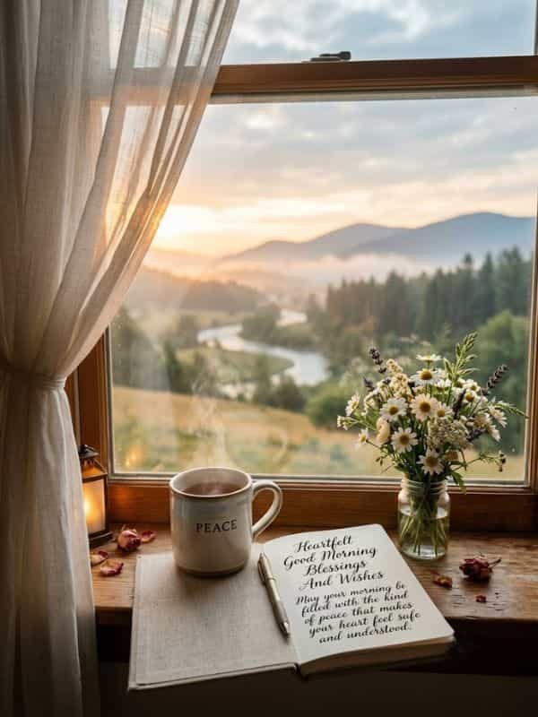A cozy morning windowsill scene in a 3:4 aspect ratio featuring an open notebook written with "Heartfelt Good Morning Blessings And Wishes - May your morning be filled with the kind of peace that makes your heart feel safe and understood." Next to the notebook sits a warm mug labeled "PEACE", a small vase with fresh wildflowers, and a small lit lantern overlooking a serene, foggy mountain landscape at dawn.