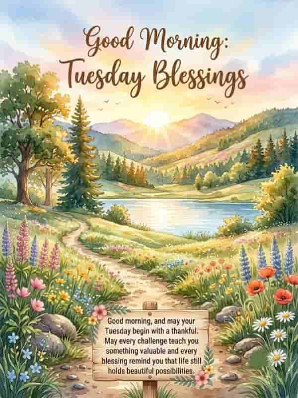 Good morning Tuesday blessings with a peaceful mountain landscape, lake, sunrise, colorful wildflowers, and a heartfelt blessing message.