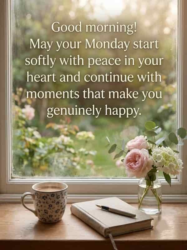 Soft morning light shining through a window onto a wooden sill with a hot cup of coffee, a closed notebook with a fountain pen, and fresh flowers in a vase, featuring overlay text that reads: 'Good morning! May your Monday start softly with peace in your heart and continue with moments that make you genuinely happy.'