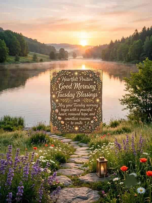 A serene sunrise landscape over a calm lake featuring a wooden plaque with glowing text that reads: "Heartfelt Positive Good Morning Tuesday Blessings with May your Tuesday morning begin with a peaceful heart, renewed hope, and countless reasons to smile". A stone path lined with colorful wildflowers and a glowing lantern leads toward the tranquil water.