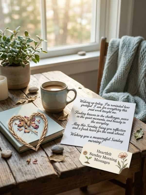 A handwritten note with Sunday morning messages on a rustic wooden table next to a mug, book, woven heart, and cozy window setting.