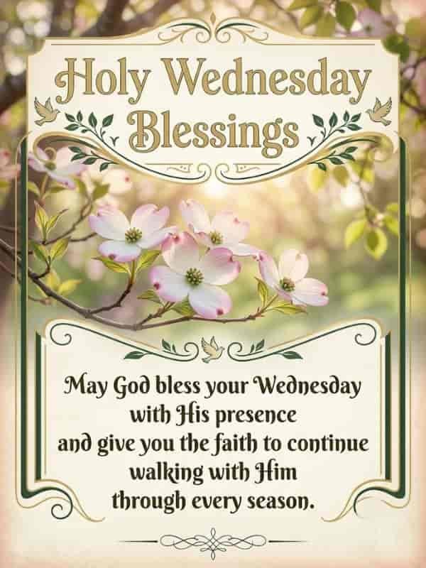 Holy Wednesday Blessings card with pink dogwood flowers, golden frame, and inspirational prayer text on a soft green spring background.