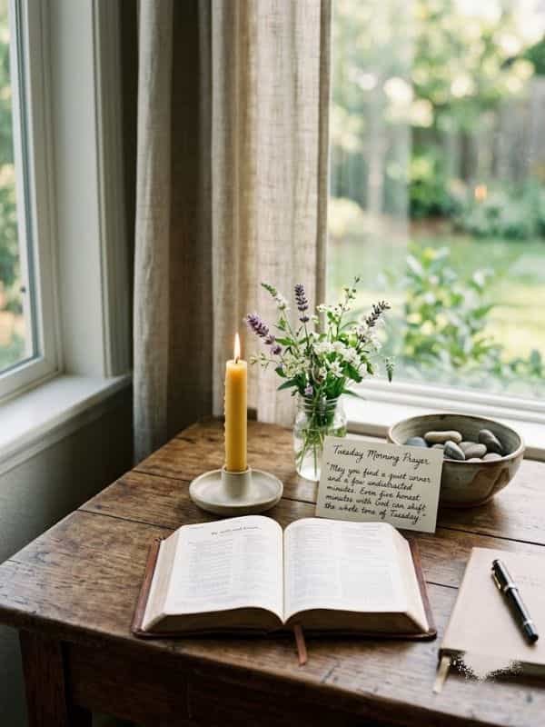 A cozy prayer nook featuring an open Bible on a wooden table beside a lit candle, a small vase of wildflowers, and a journal, with a note resting nearby.