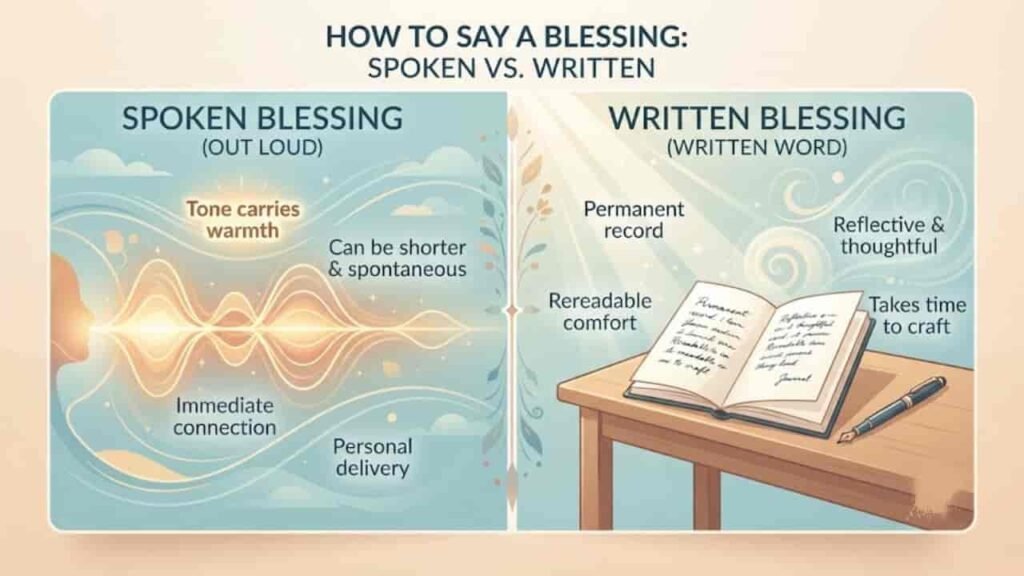 An illustration comparing spoken and written blessings. The left side shows a voice wave graphic representing spoken words, with text noting "Tone carries warmth" and "Can be shorter & spontaneous". The right side depicts an open journal on a wooden table with a pen, labeled with features like "Permanent record" and "Reflective & thoughtful".