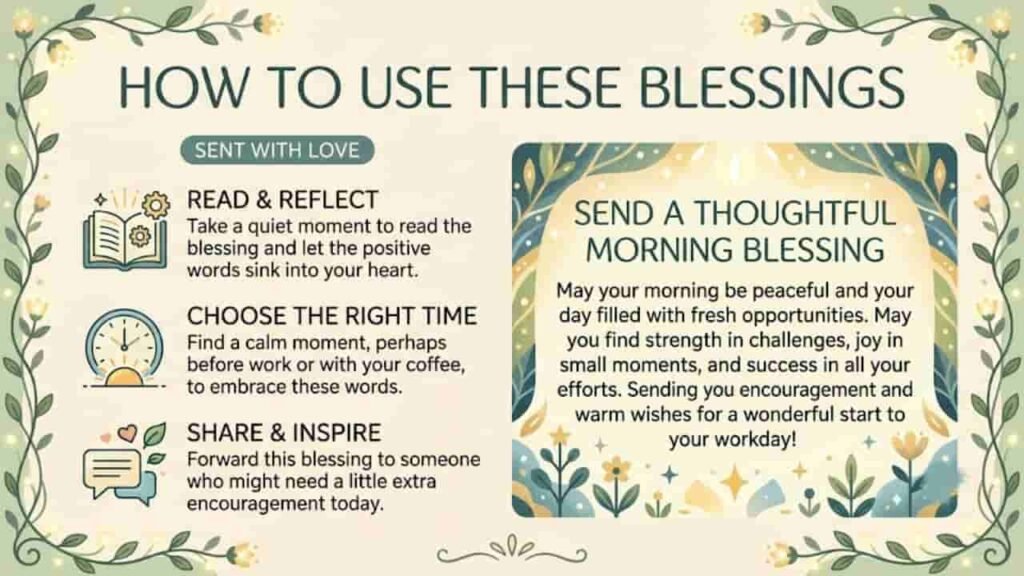 A light-toned graphic titled "How to Use These Blessings" featuring three instruction steps alongside a card containing an uplifting morning blessing message, decorated with botanical vine borders.