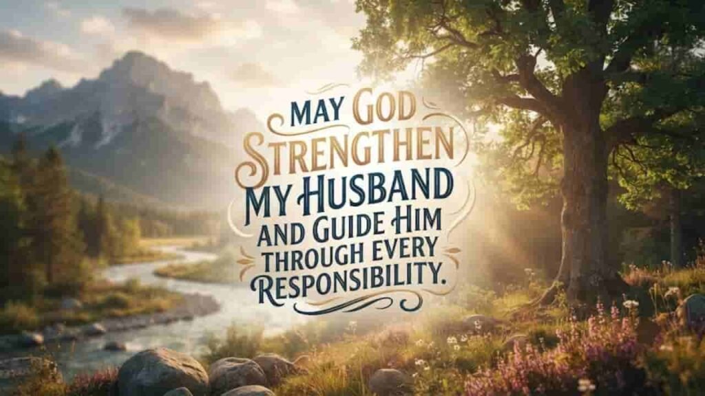 A serene landscape with a flowing river, majestic mountains in the distance, and golden sunlight filtering through a large tree. Beautiful typography in the center reads: 'May God strengthen my husband and guide him through every responsibility.