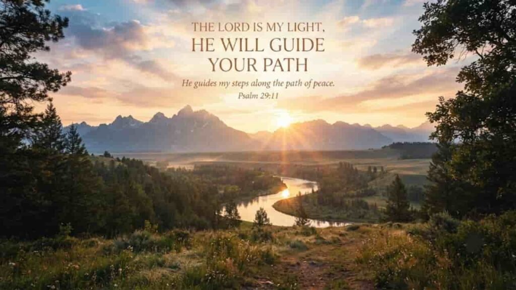 A peaceful sunrise over a winding river and distant mountains framed by trees, with the uplifting text: 'THE LORD IS MY LIGHT, HE WILL GUIDE YOUR PATH' and Psalm 29:11.