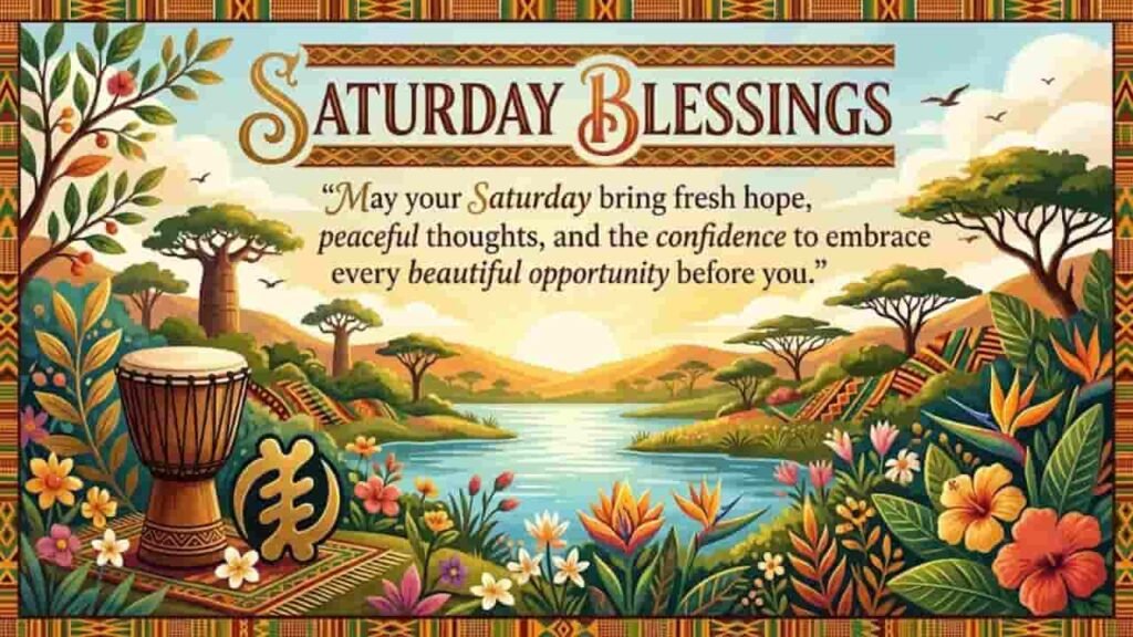 An inspirational Saturday Blessings graphic featuring rich African-inspired patterns, a sunrise over a peaceful lake, lush flora, a djembe drum, and an Adinkra symbol. The text reads: 'Saturday Blessings - May your Saturday bring fresh hope, peaceful thoughts, and the confidence to embrace every beautiful opportunity before you.