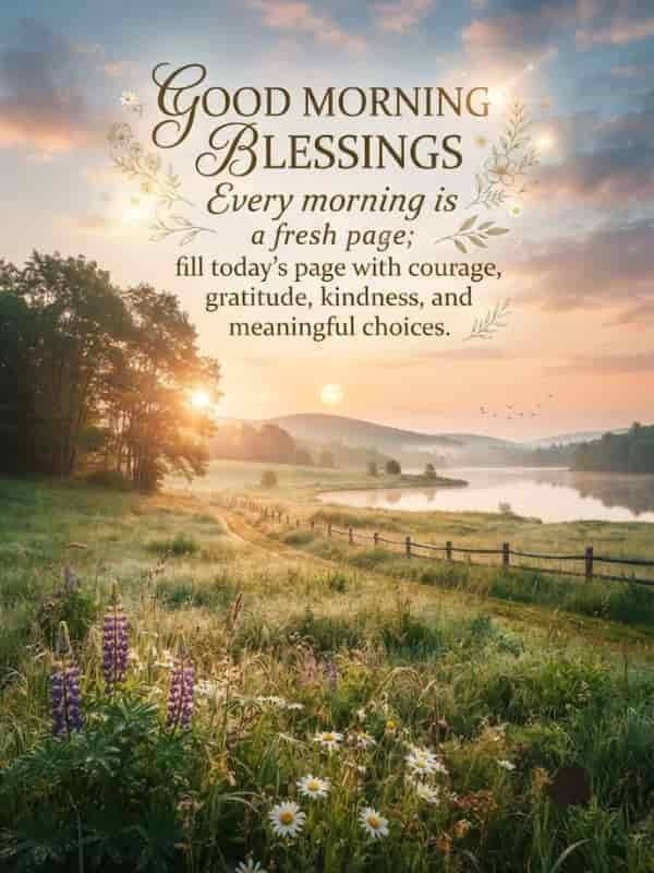 Good Morning Blessings quote about a fresh page, courage, gratitude, kindness, and meaningful choices, overlaid on a serene sunrise landscape with wildflowers, a winding path, and a misty lake.