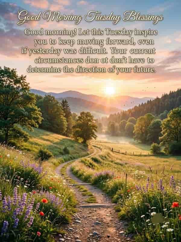 A scenic morning landscape featuring a winding path through green hills and wildflowers under a bright sunrise. On top, inspirational text reads: 'Good Morning Tuesday Blessings! Let this Tuesday inspire you to keep moving forward, even if yesterday was difficult.