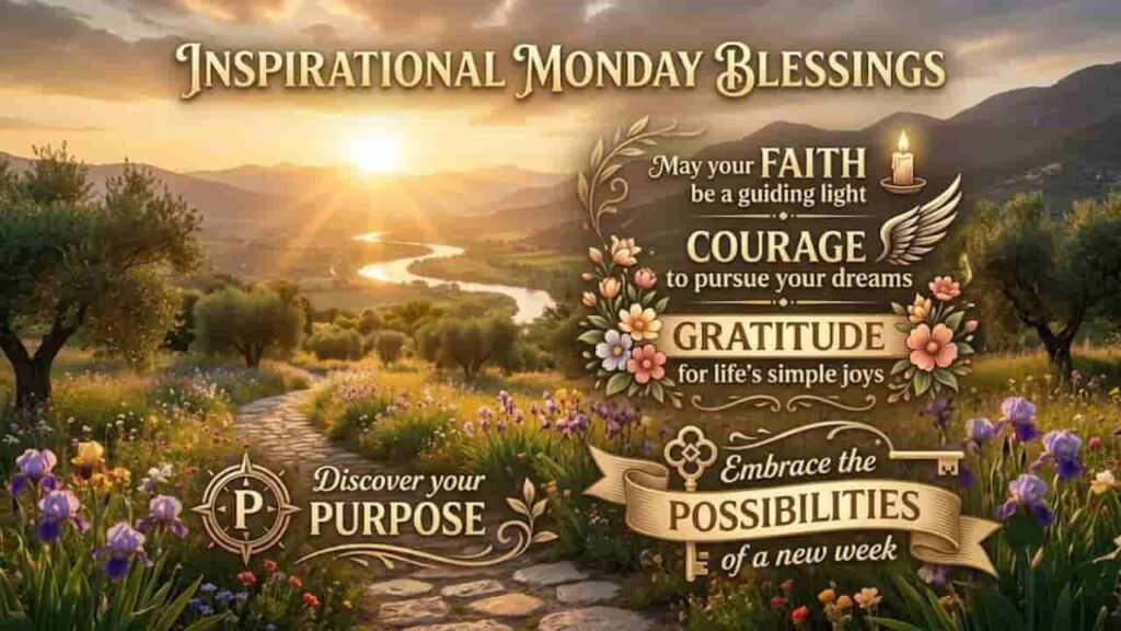 Inspirational Monday blessings graphics featuring a serene sunrise landscape with a cobblestone path through a vibrant flower field, surrounded by golden typography highlighting Faith, Courage, Gratitude, Purpose, and Possibilities.