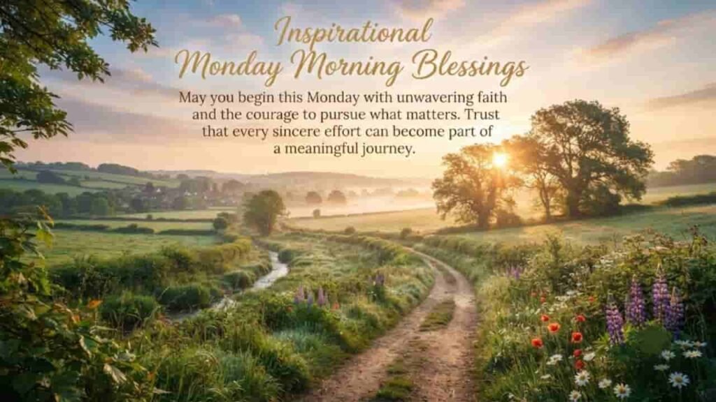 A serene, sunlit rural landscape at sunrise with a winding dirt path, green rolling hills, wildflowers, and a gentle morning mist, overlaid with the text 'Inspirational Monday Morning Blessings'.