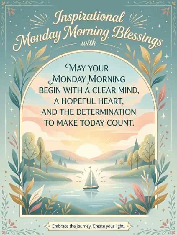 Inspirational Monday Morning Blessings image featuring a serene sunrise over a calm lake, gentle hills, a sailboat, and botanical leaf illustrations with uplifting motivational quote text.
