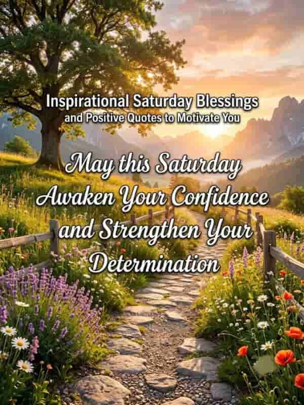 A tranquil mountain pathway lined with colorful wildflowers and trees leading toward a sunny horizon, featuring the text "Inspirational Saturday Blessings and Positive Quotes to Motivate You" and "May this Saturday Awaken Your Confidence and Strengthen Your Determination."