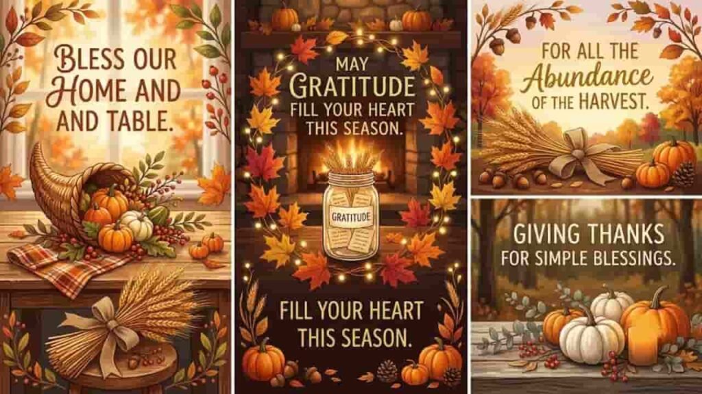 An inspirational collage of Thanksgiving blessings images showcasing autumn leaf wreaths, wheat sheaves, pumpkins, cornucopias, lit candles, and uplifting phrases, excluding human figures or religious crosses.