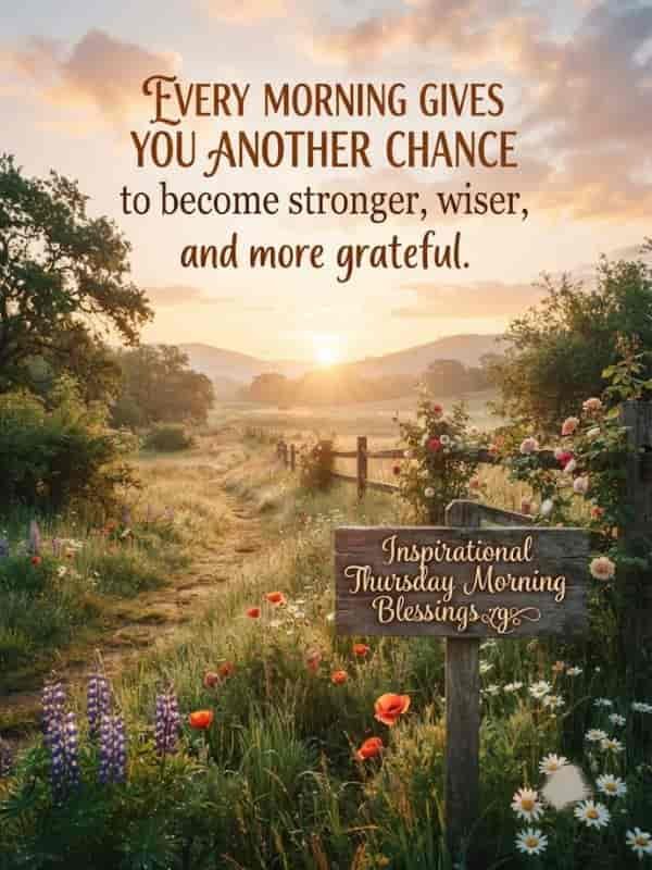 A serene 3:4 aspect ratio morning landscape featuring a sunlit path through a lush meadow filled with wildflowers and blooming roses, alongside a wooden signpost. Prominent text overlaid across the sky reads: 'Every morning gives you another chance to become stronger, wiser, and more grateful', with 'Inspirational Thursday Morning Blessings' inscribed on the wooden sign.