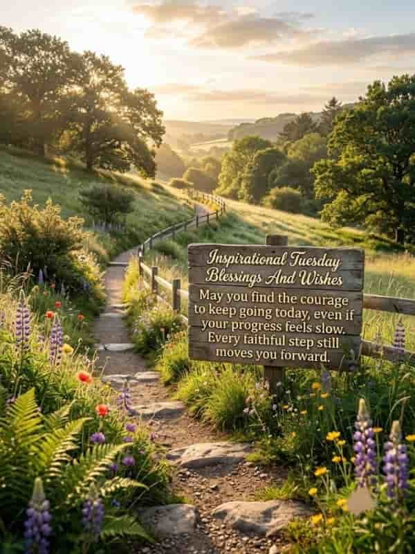 A serene morning countryside landscape with a winding stone path through lush green hills and wildflowers, featuring a wooden sign that reads 'Inspirational Tuesday Blessings And Wishes: May you find the courage to keep going today, even if your progress feels slow. Every faithful step still moves you forward.'