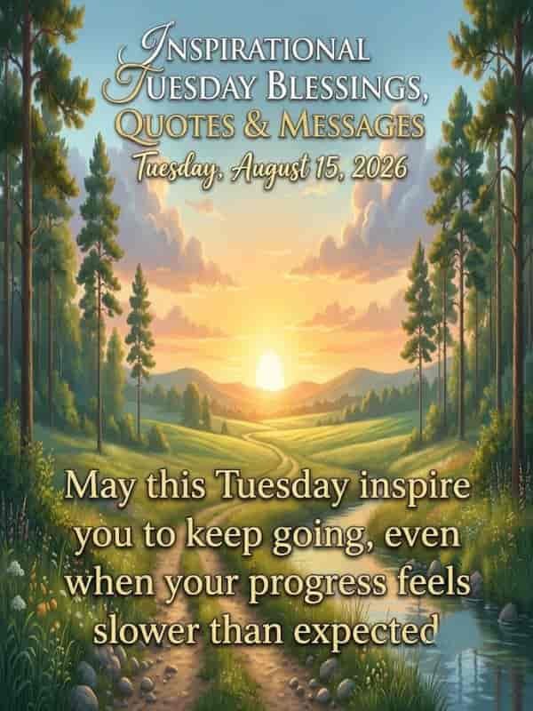 An inspirational landscape poster featuring a sunrise over rolling hills, a winding path, and a flowing stream, with text that reads "Inspirational Tuesday Blessings, Quotes & Messages".