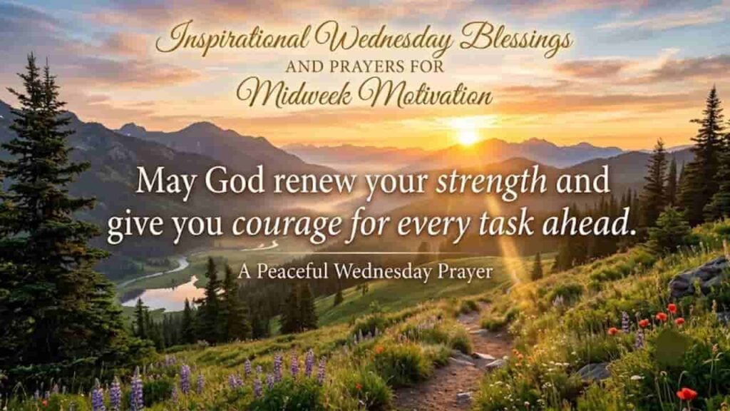 A peaceful mountain landscape at sunrise featuring the text: "Inspirational Wednesday Blessings and Prayers for Midweek Motivation" and "May God renew your strength and give you courage for every task ahead.