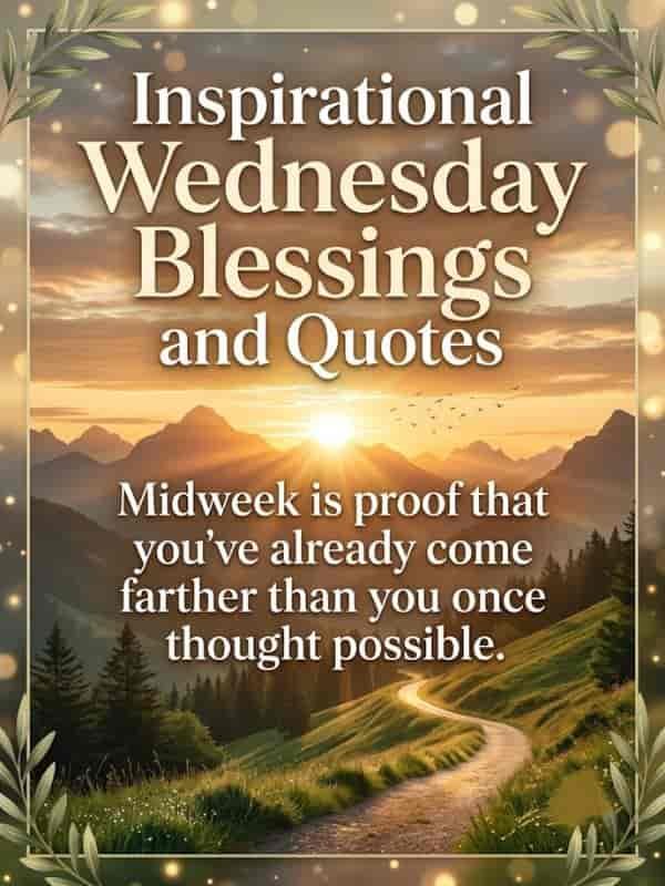 Inspirational Wednesday Blessings and Quotes poster featuring a scenic mountain landscape with a winding path leading toward a sunrise, with the text "Midweek is proof that you've already come farther than you once thought possible."
