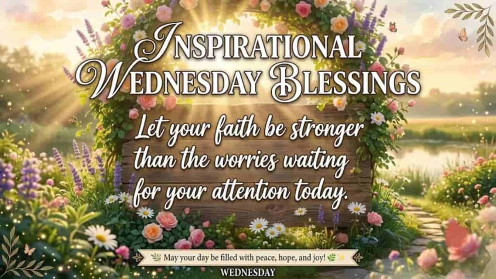 A serene garden background with soft sunlight and lush flowers surrounding a wooden sign that reads, “Inspirational Wednesday Blessings: Let your faith be stronger than the worries waiting for your attention today”.