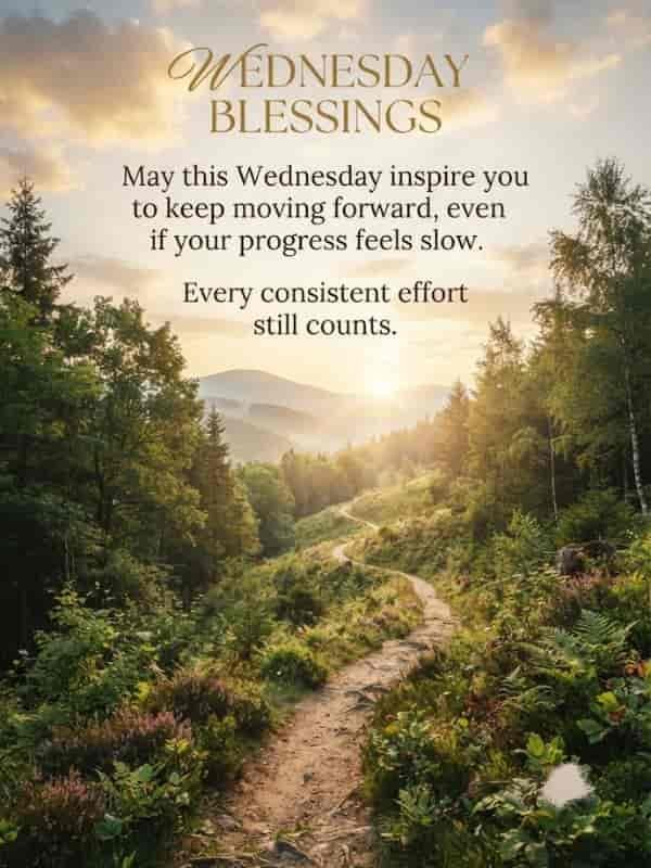Wednesday Blessings text overlay on a scenic forest path at sunrise.