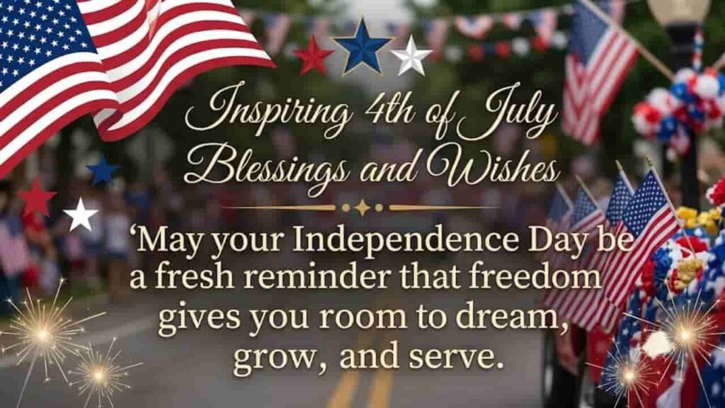 Inspiring 4th of July Blessings and Wishes image featuring the text 'May your Independence Day be a fresh reminder that freedom gives you room to dream, grow, and serve' framed by American flags, stars, and sparklers