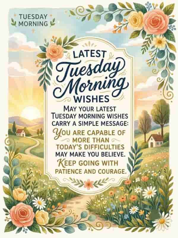 Tuesday Morning Wishes illustration featuring an inspiring quote framed with watercolor flowers and a scenic sunrise landscape.