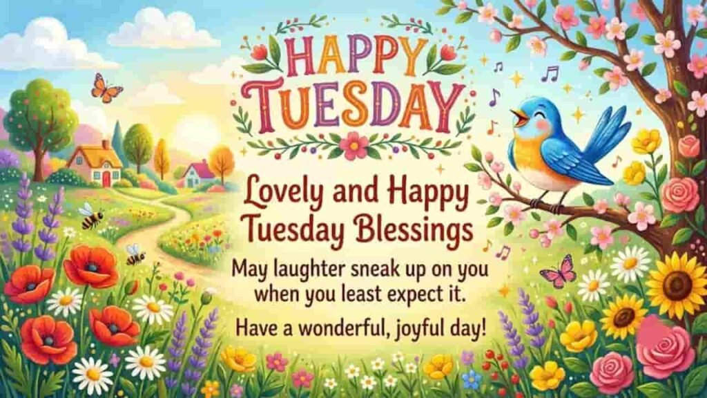 A cheerful Happy Tuesday greeting image featuring vibrant flowers, flying bees, and a bluebird perched on a blossoming tree branch. The text reads, "Lovely and Happy Tuesday Blessings - May laughter sneak up on you when you least expect it."