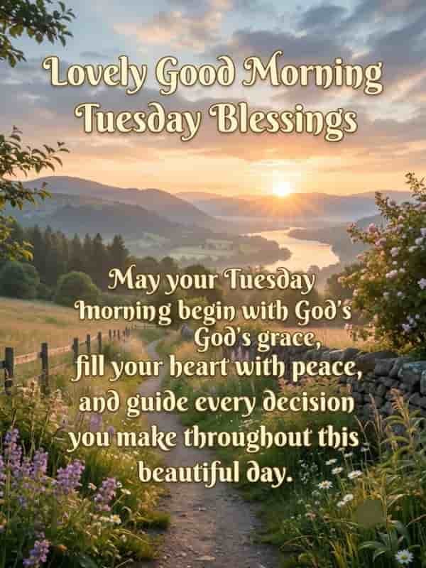 Scenic sunrise over rolling green hills and a countryside pathway with flowers, featuring the text 'Lovely Good Morning Tuesday Blessings' and a morning prayer.
